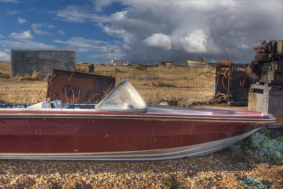 old, abandoned, speed boat, sits, shingle beach, Dungeness, Kent, England, various, beach