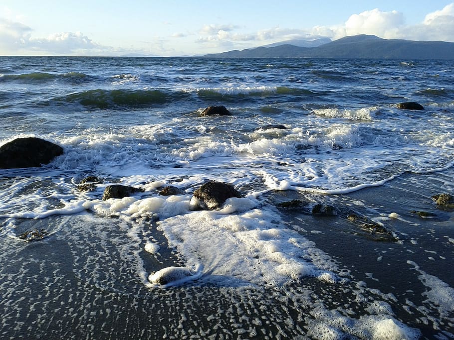 Ocean, Waves, Sea, Stones, Sky, ocean, waves, mountains, water, blue, foam