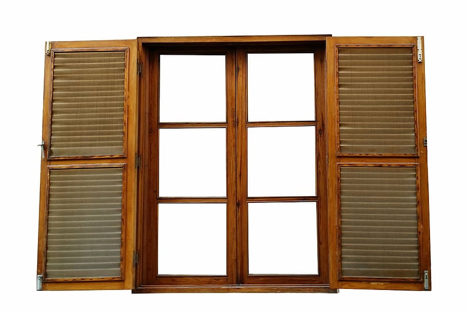 brown, wooden, louver window panel, window, shutter, open, romantic, frame, isolated, empty