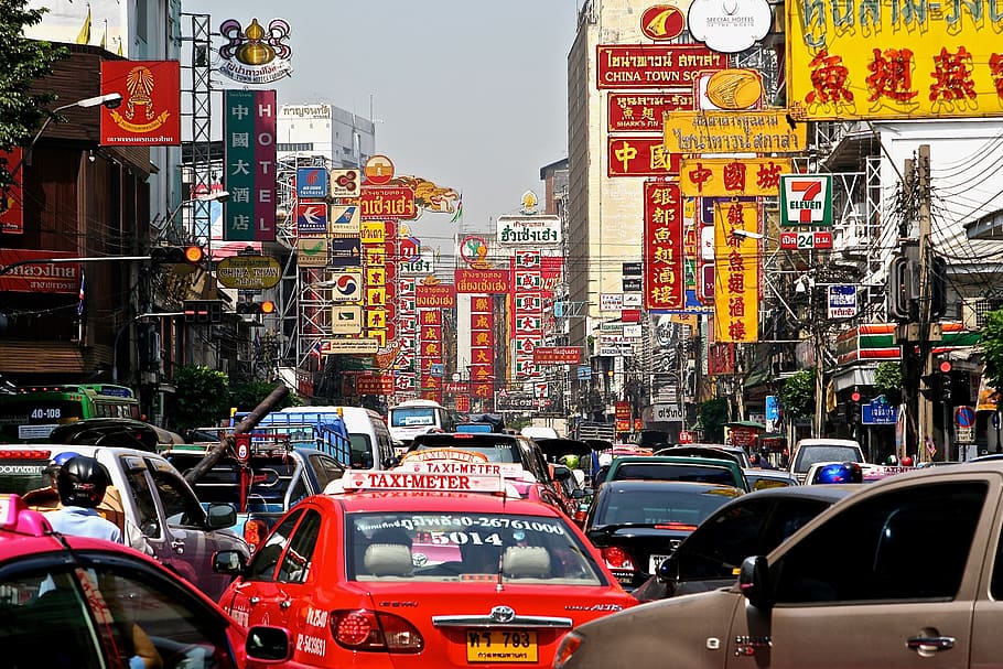 perjalanan, thailand, asia, liburan, bangkok, kota, pembotolan, mobil, taksi, lalu lintas