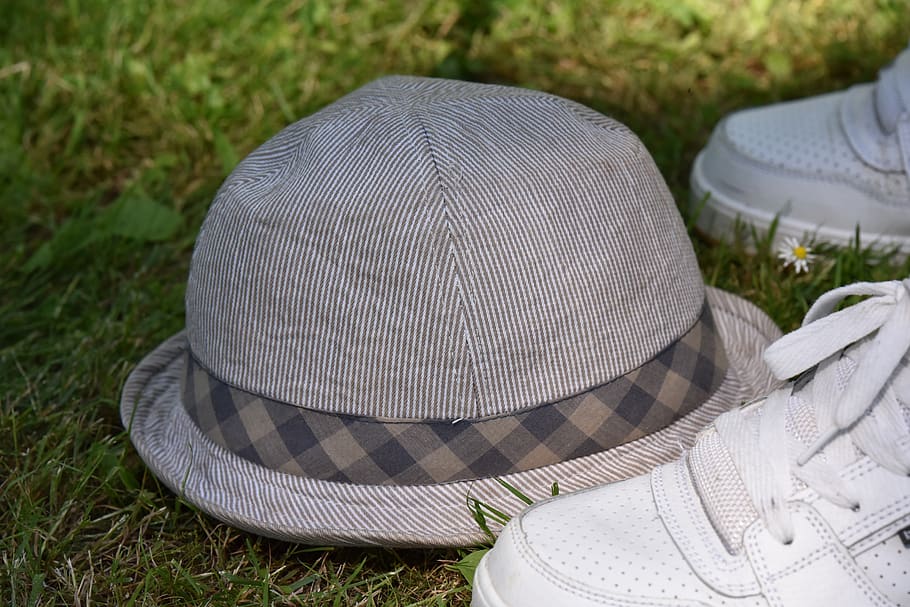 hat, grass, earthy, find, chance, clothing, high angle view, day, nature, plant