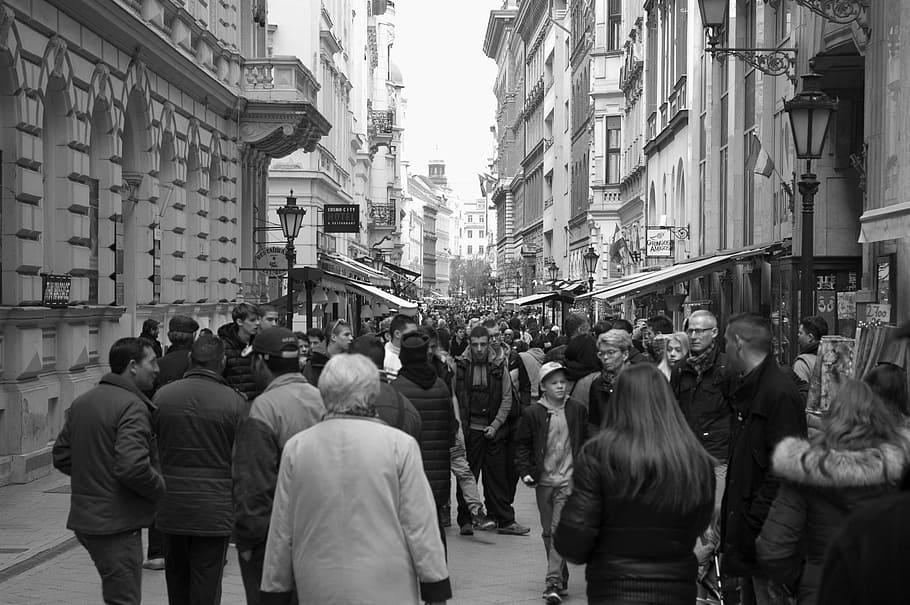 grayscale photo, group, people, walking, along, road, grayscale, photography, streets, high