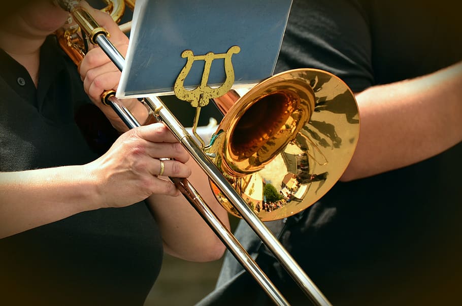 trumpet, slide trumpet, Slide Trumpet, trumpet, musical instrument, brass band, wind instrument, music, instrument, shine, brass