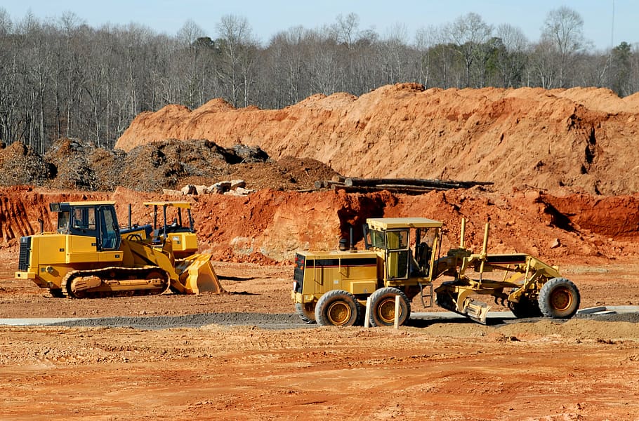 yellow, grader, front loader, brown, soil, construction site, heavy equipment, dirt mover, construction, equipment