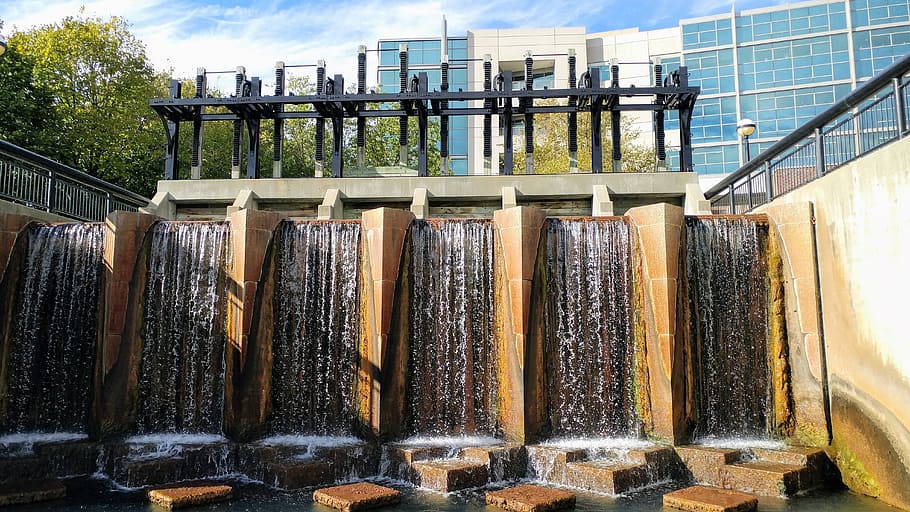 waterfall, landmark, indianapolis, canal walk, architecture, built structure, nature, building exterior, day, water