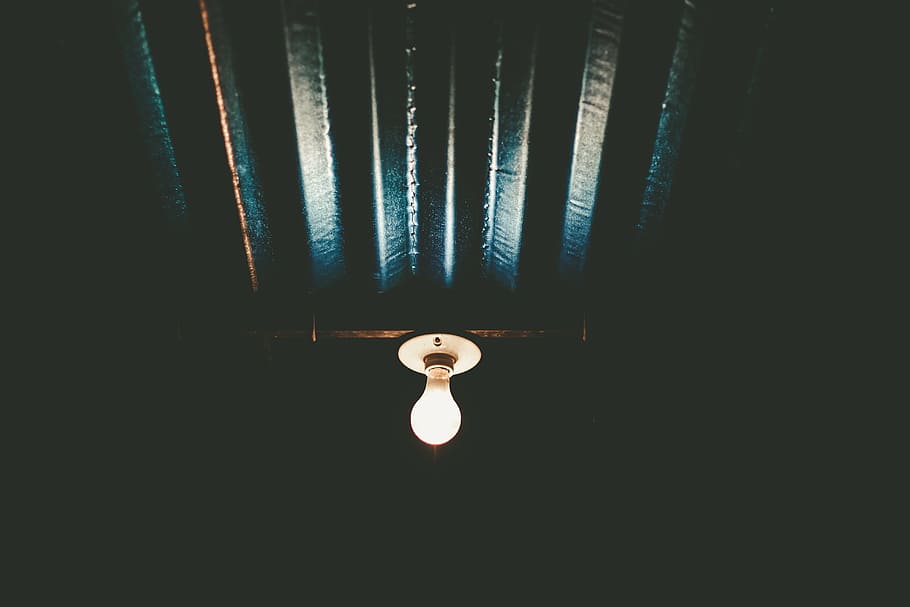turned-on led bulb, lightbulb, lamp, illumination, light, ceiling, electric, metal, cellar, shed