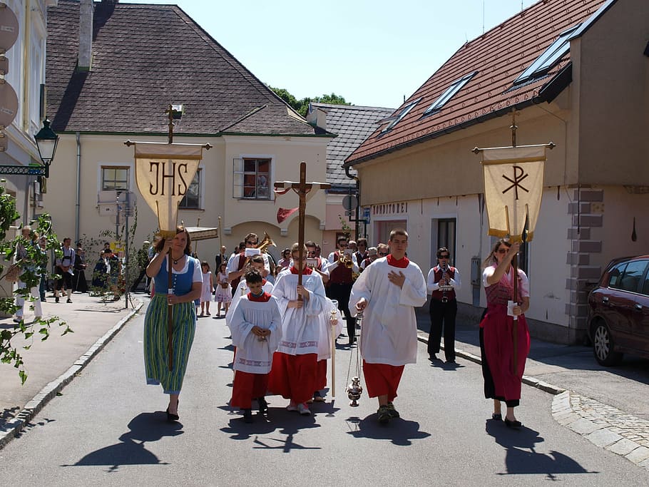 corpus christi, procession, church, costume, flags, carrying sky, cultures, people, religion, spirituality