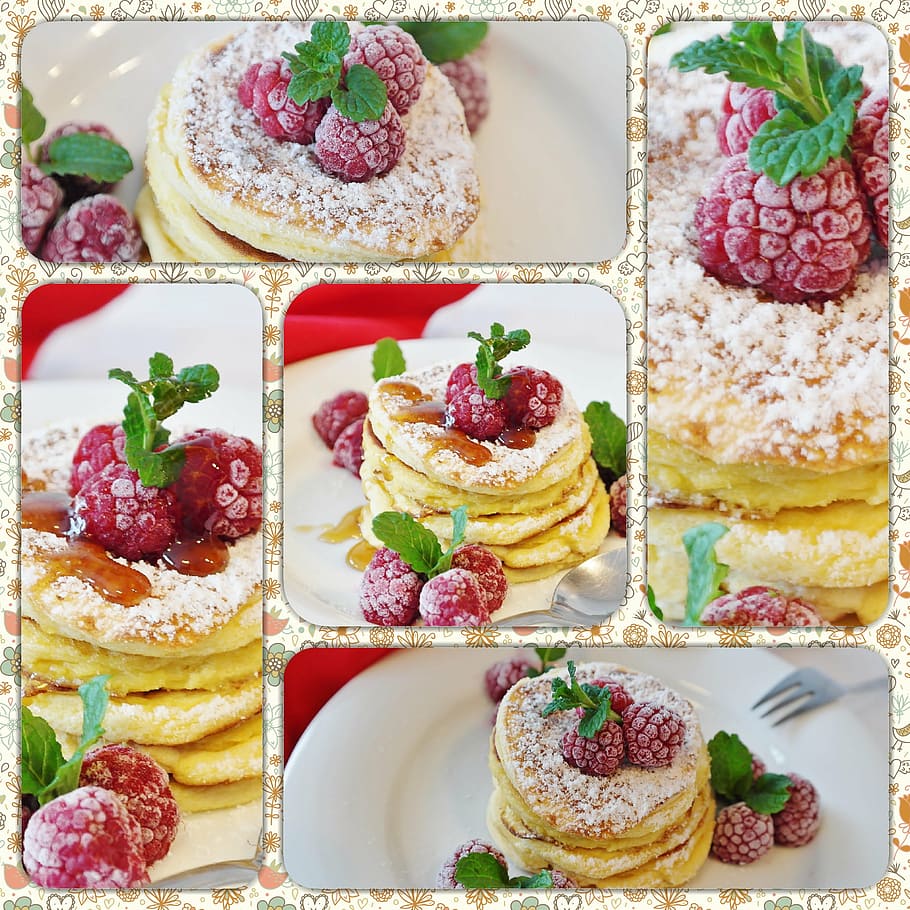 pancake, raspberries collage, schaumomelette, omelette, egg, sugar, milk, flour, sweet, delicious