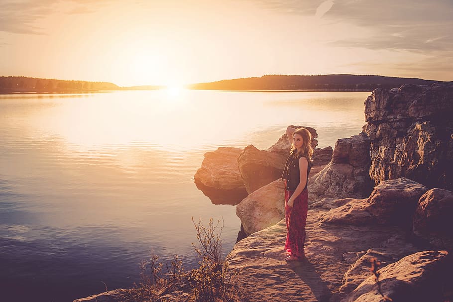 woman, standing, brown, edge, rock, sunset, water, lake, nature, girl