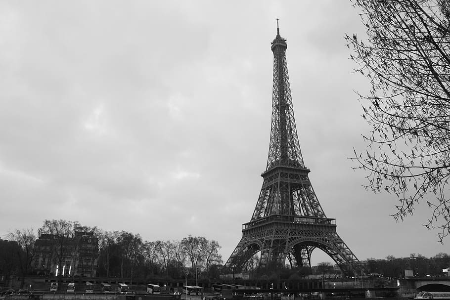 eiffel tower, grey, black, white, vintage, sadness, paris, france, architecture, travel destinations