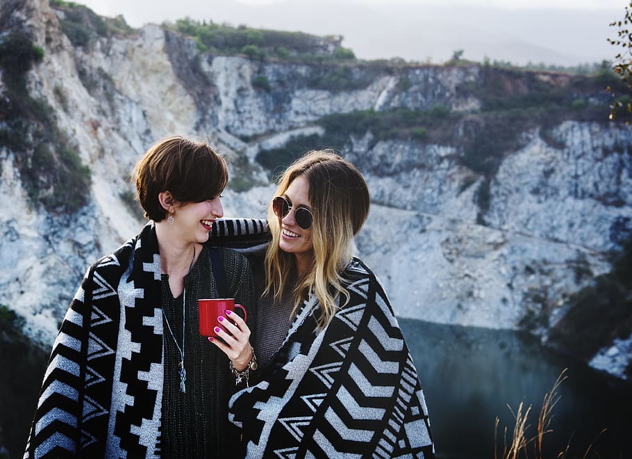 two, woman, sharing, one, blanket, cheerful, cup, embracing, enjoy, friends