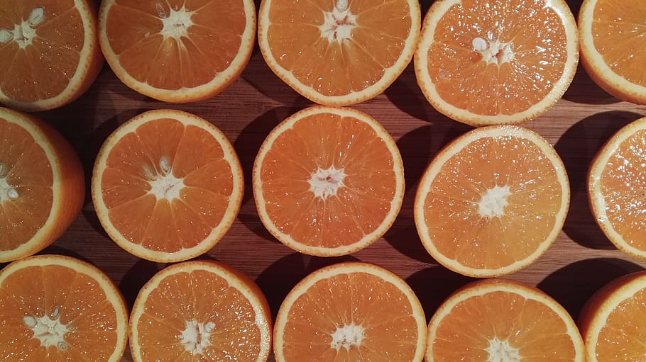 naranjas, mitad, simetría, cítricos, jugos, frutas, vitaminas, naranja, comida y bebida, fotograma completo