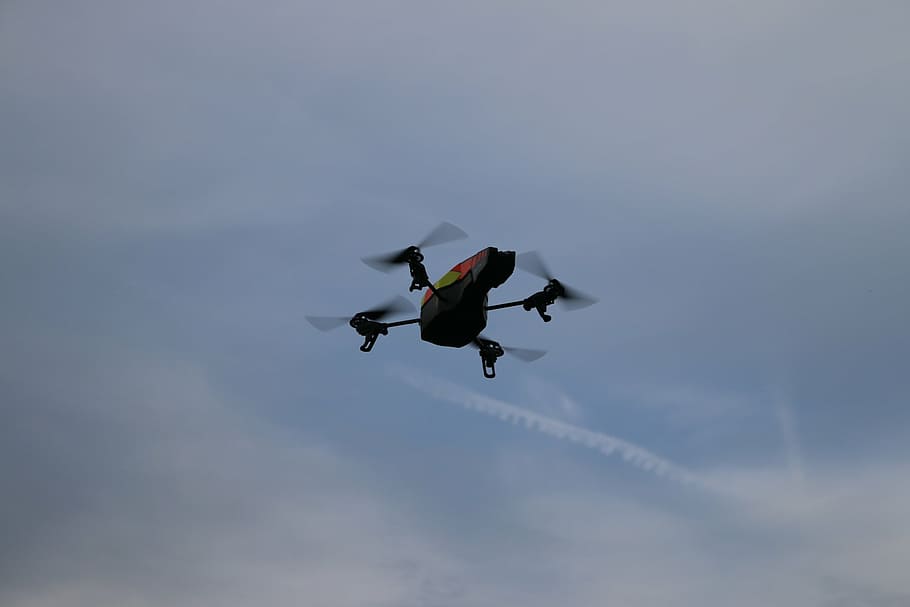 black, orange, drone, white, clouds, daytime, drone flying, technology, aerial, remote