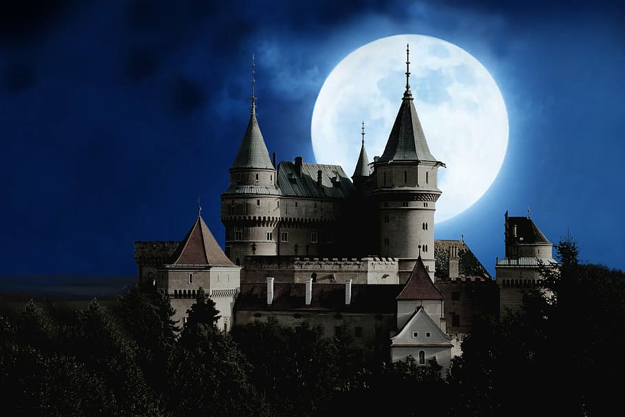 castle illustration, moon, castle, full moon, mystical, night, mood, silhouette, mysterious, moonlight