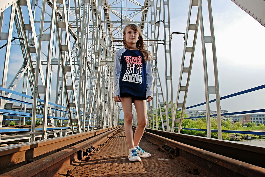girl, stand, train road, expression, steel, industry, the structure of the, sky, bridge, equipment