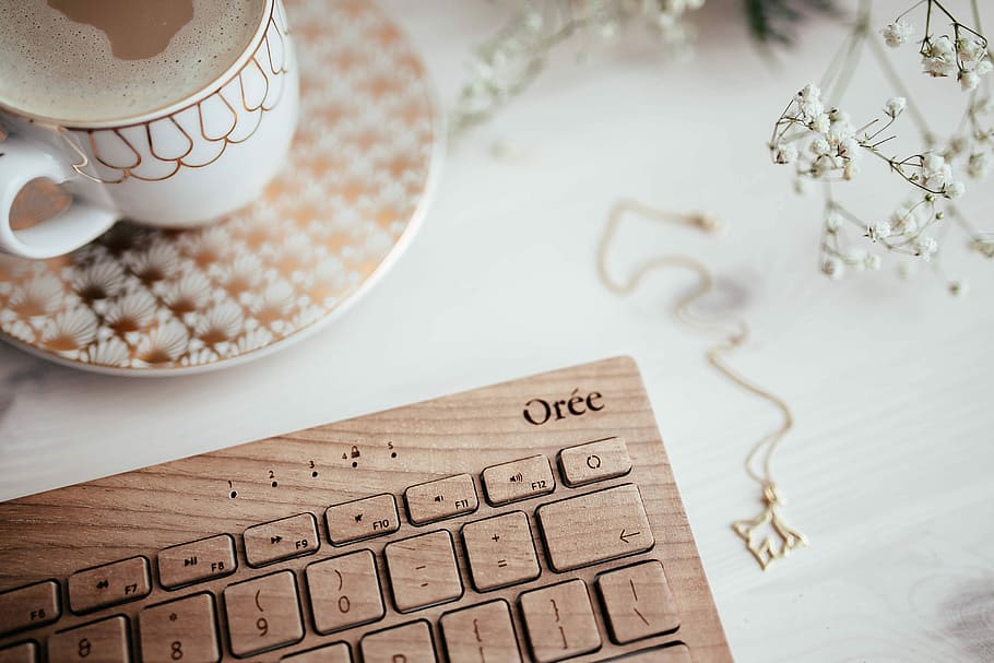 keyboard, cup, coffee, Wooden, cup of coffee, technology, desk, oree, cappucino, hipster