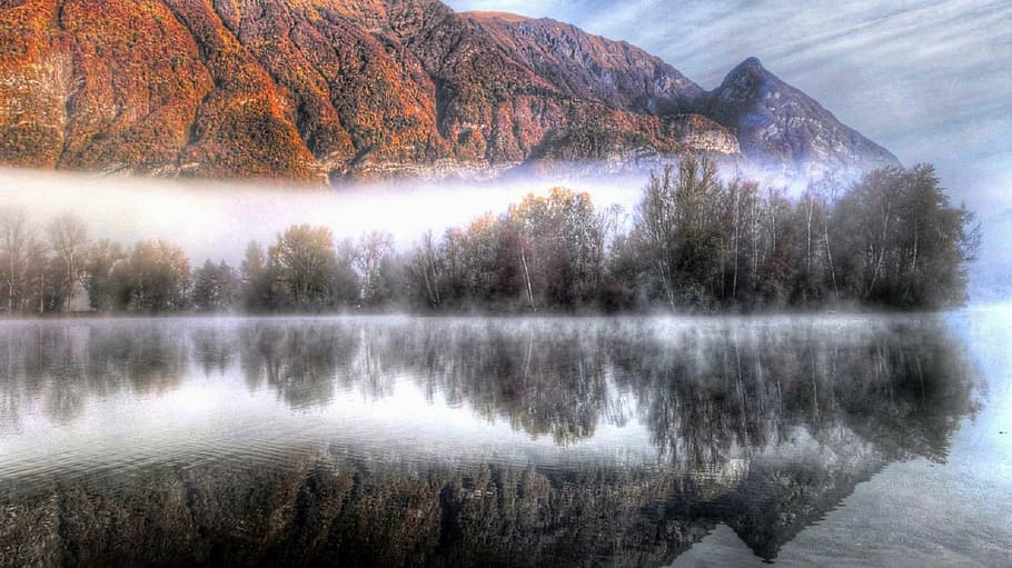 calma, lago, laranja, montanha, dia, nevoeiro, reflexão, paisagem, natureza, agua