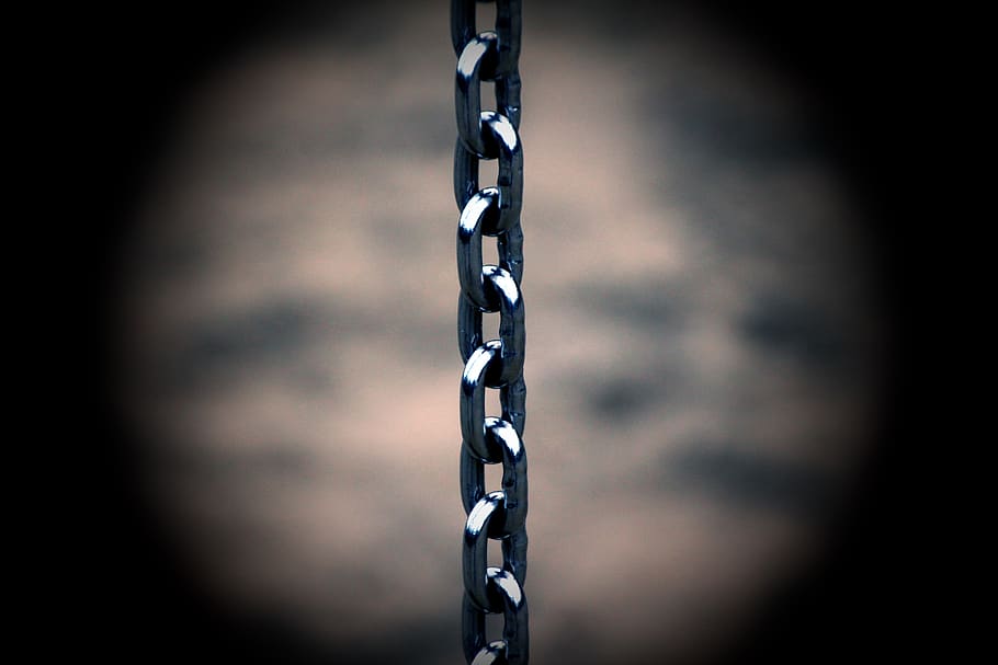 chain, metal, links of the chain, members, metallic, iron, close-up, connection, selective focus, indoors