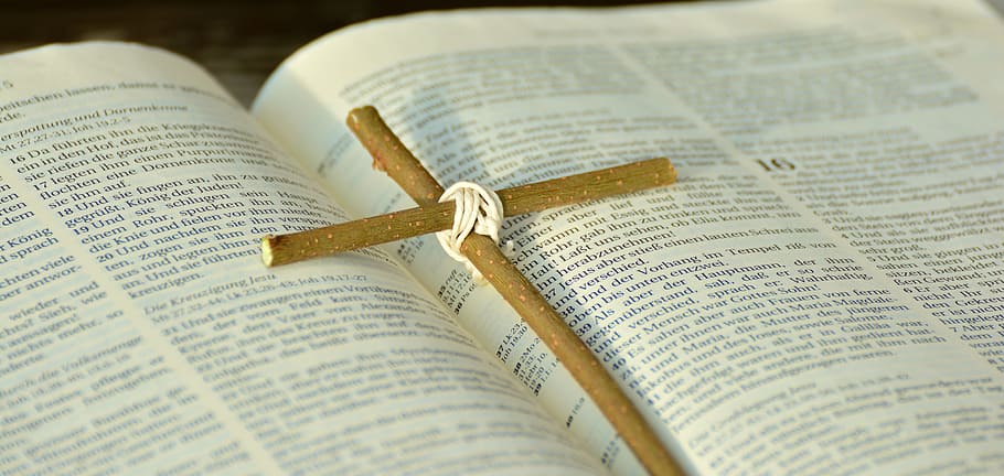 coklat, salib, tongkat, atas, Alkitab, buku, di atas, paskah, Jumat yang baik, kisah paskah