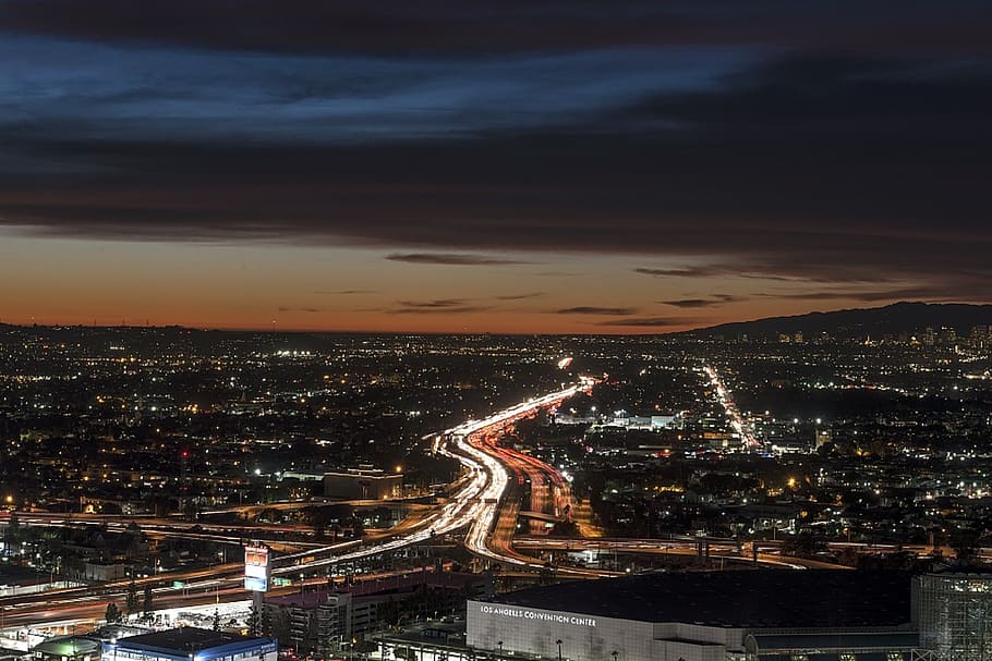 skyline kota, Los Angeles, Perkotaan, lampu, malam, senja, permai, Panorama, Pemandangan kota, Amerika Serikat