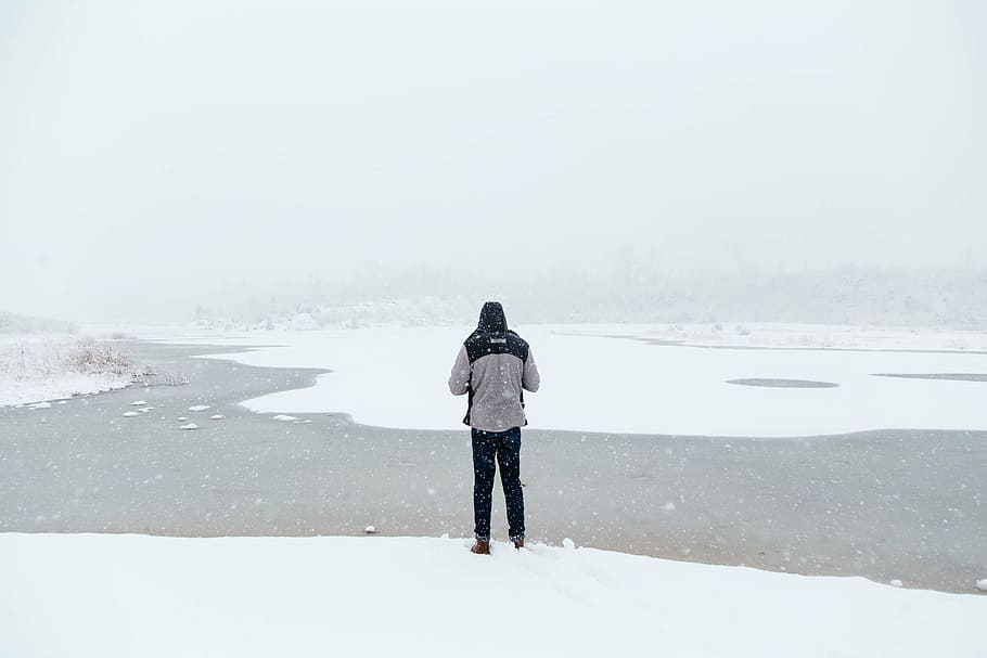 hombre, en pie, medio, campo de nieve, gente, solo, nieve, invierno, frío, clima