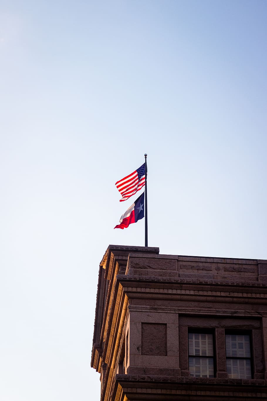 texas, flag, austin, building, sky, patriotism, low angle view, architecture, built structure, clear sky