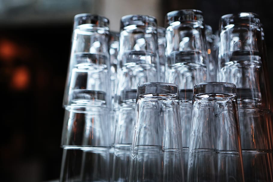 bar, glasses, drinks, glass - material, transparent, indoors, close-up, glass, focus on foreground, large group of objects