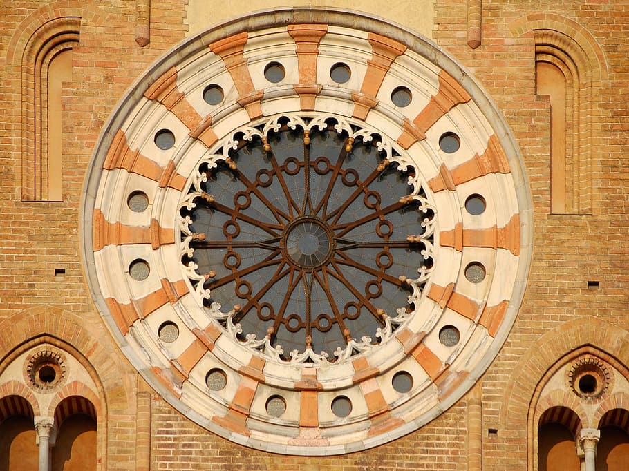 brown, white, brick cathedral, sunlight, rose window, lodi cathedral, stained glass, church, architecture, lodi