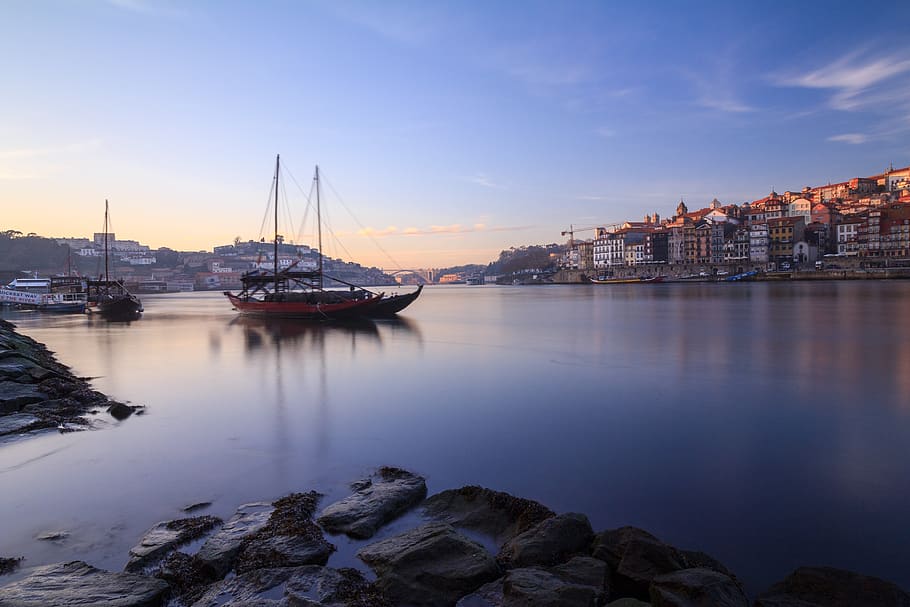 Oporto, Portugal, río, Duero, puesta de sol, hora azul, ciudad, turista, noche, barco