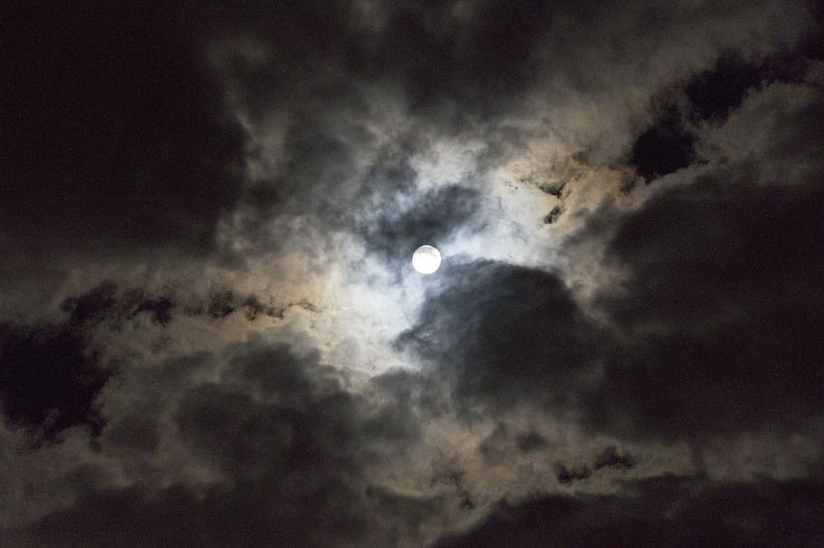 luna, nubes, noche, cielo, luna llena, oscuridad, nublado, cielo nocturno, místico, nube - cielo