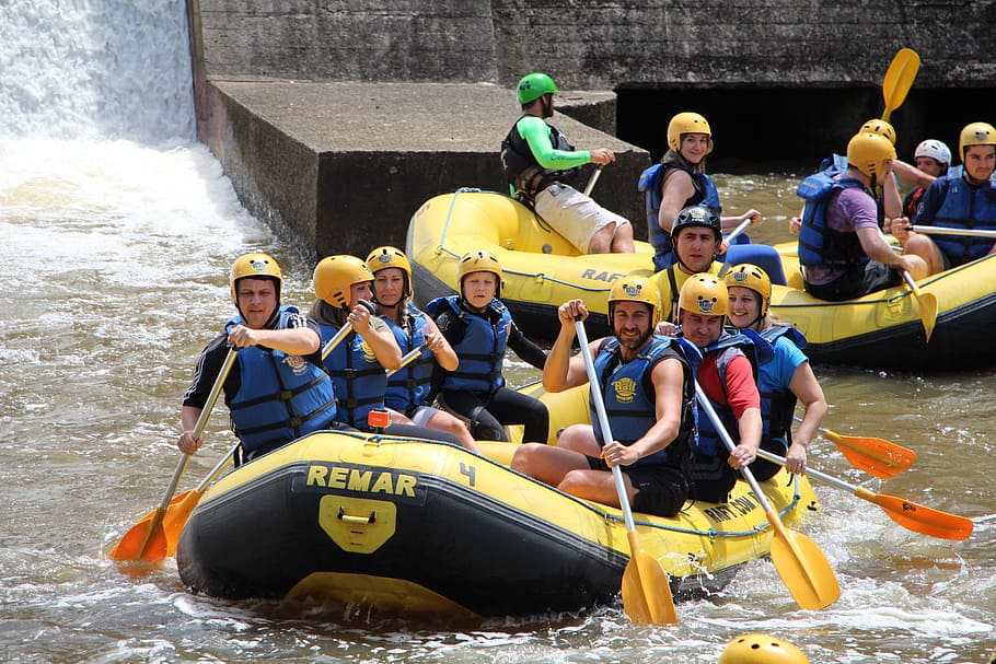 group, people, riding, inflatable boat, rafting, team, boats, paddling, water, sport