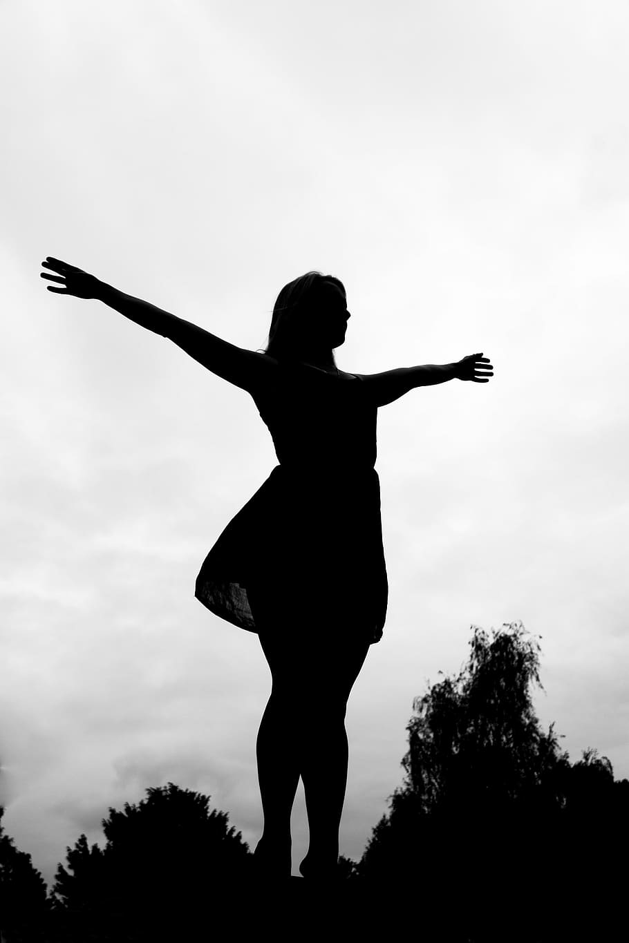 silhouette photo, woman, arms, wide, open, dom, health, welfare, arm, joy
