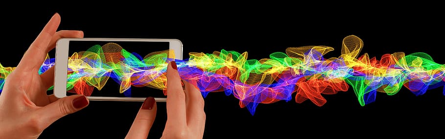 smartphone, taking, photograph, multicolored, line, mobile phone, hand, particles, wave, color