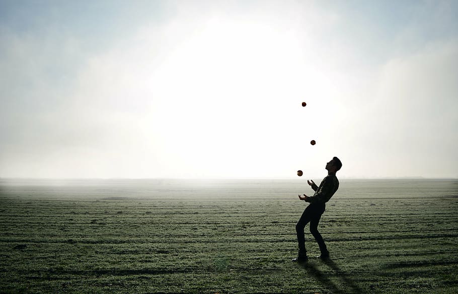 man, juggling, clear, field, juggler, trick, apple, person, fog, skyline