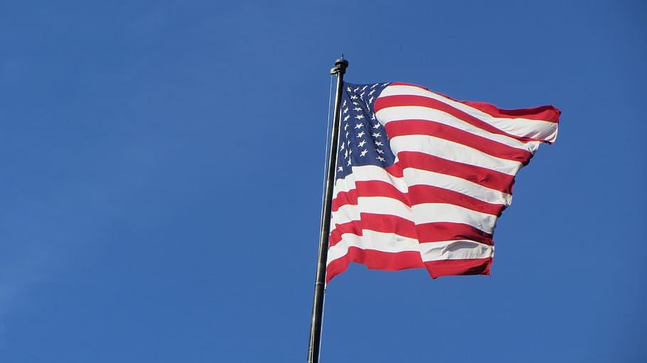 waving, flag, america, black, post, blow, wind, flutter, star, stripes