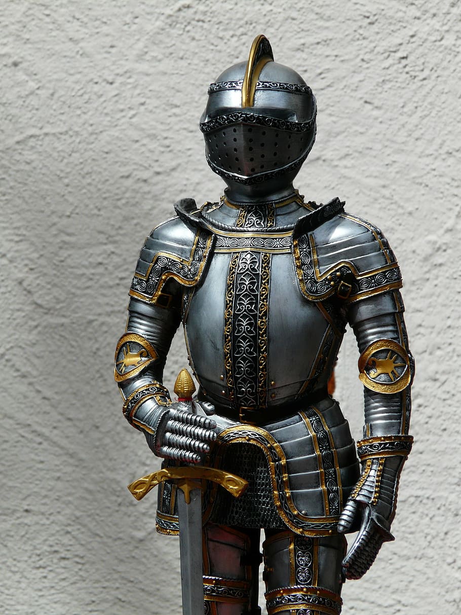 knight figurine, knight, armor, ritterruestung, old, middle ages, metal, sword, protection, war