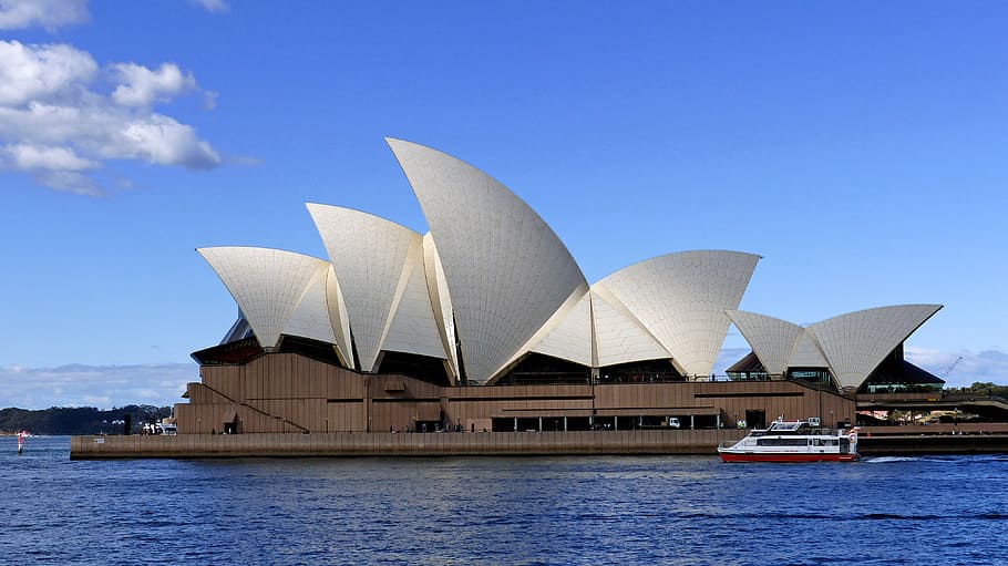 Gedung opera Sydney, air, eksterior bangunan, arsitektur, langit, struktur bangunan, transportasi, kota, tepi laut, tujuan perjalanan