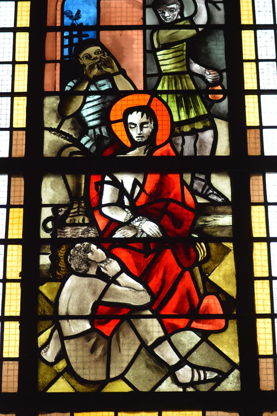 stained glass, window, church, colorful, red, passion, jesus, arrest, sentenced, halo