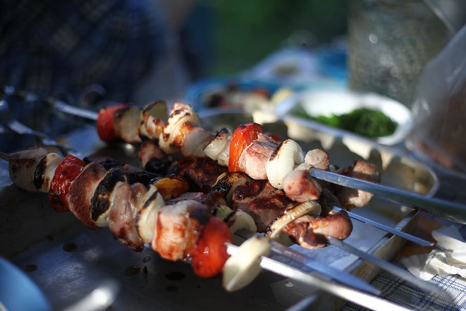 vegetable skewers, grill, Shish Kebab, Fried, Meat, Skewers, Food, fried meat, on the nature, barbecue grill