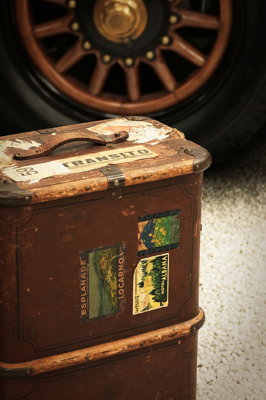 equipaje, viaje, retro, rueda, auto, madera, marrón, pegatina, rueda de carreta, españa