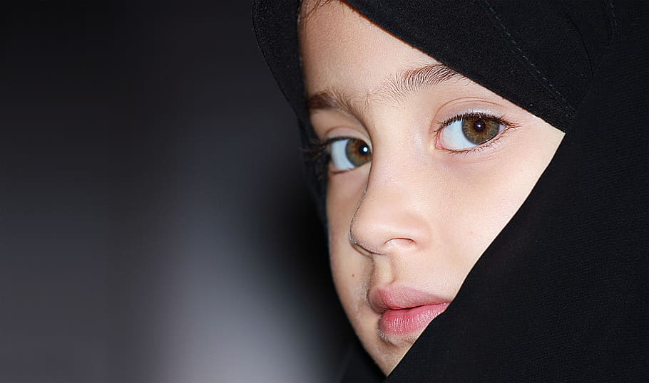girl, wearing, black, hijab headdress, looking, far, way, face, portrait, children