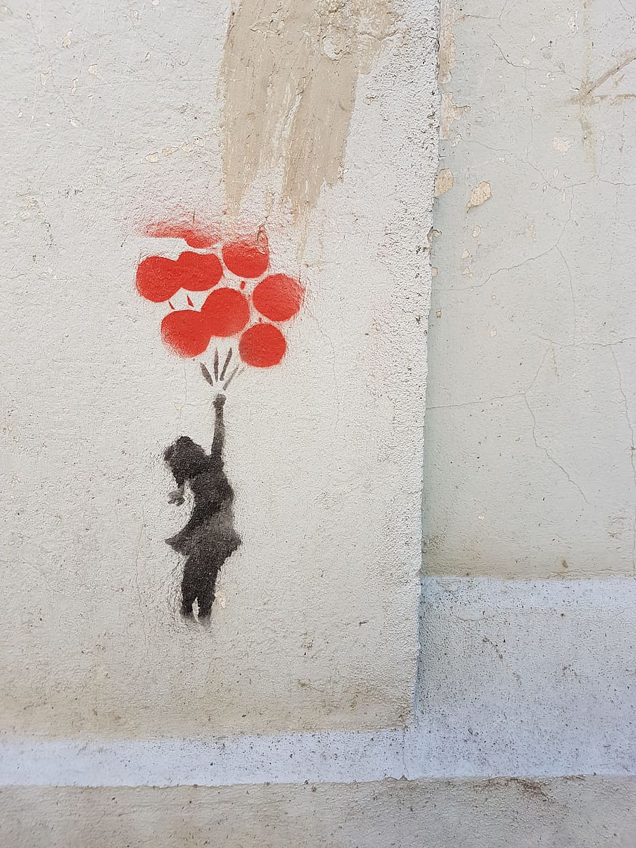 graffiti, street art, girl, balloons, fly, mural, art, wall, spray, urban art