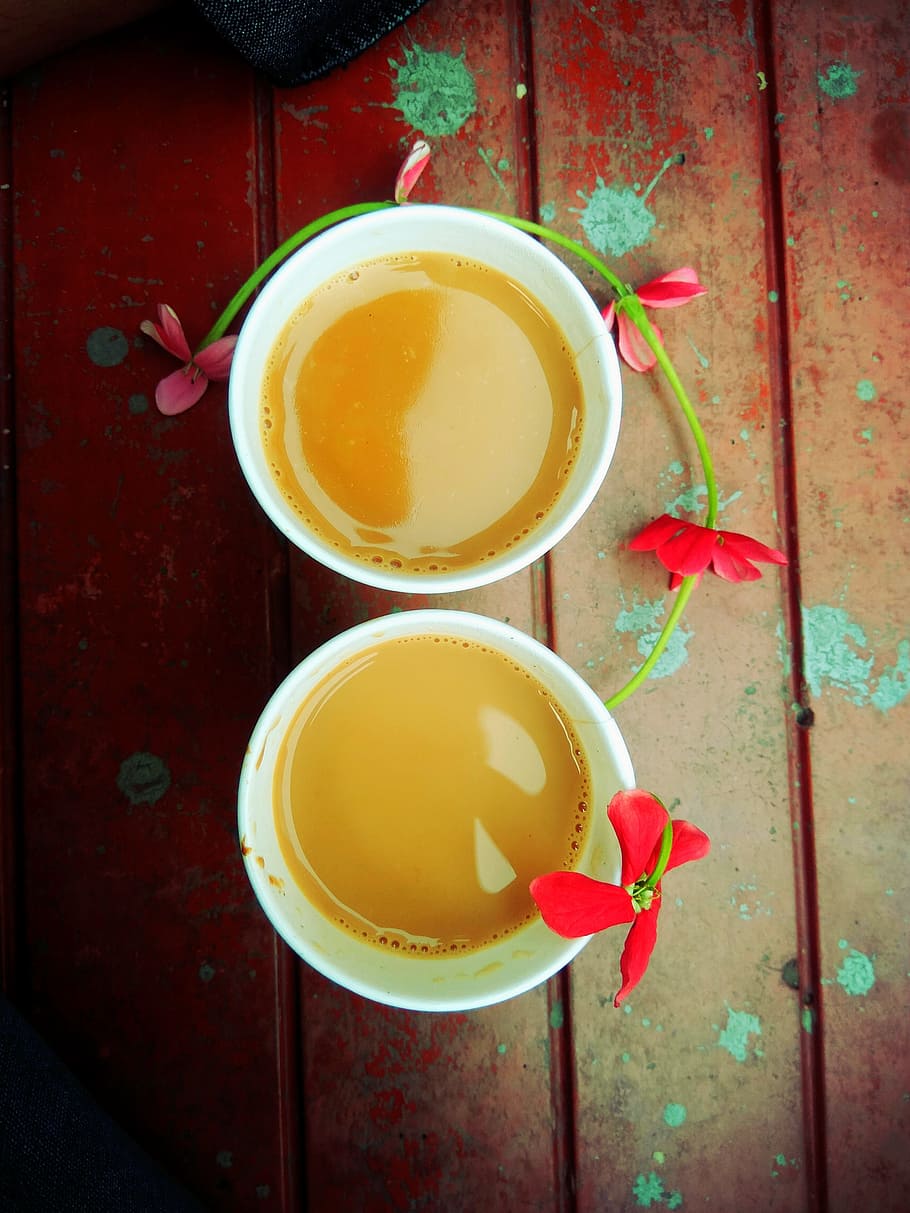 tea, break, flower, decoration, chair, wooden, cups, two cups, thé, indian tea