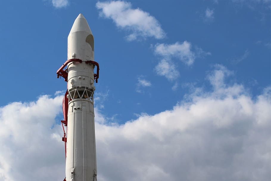 white, rocket ship, cloudy, sky, rocket, companion, cosmos, launch, the ussr, monument