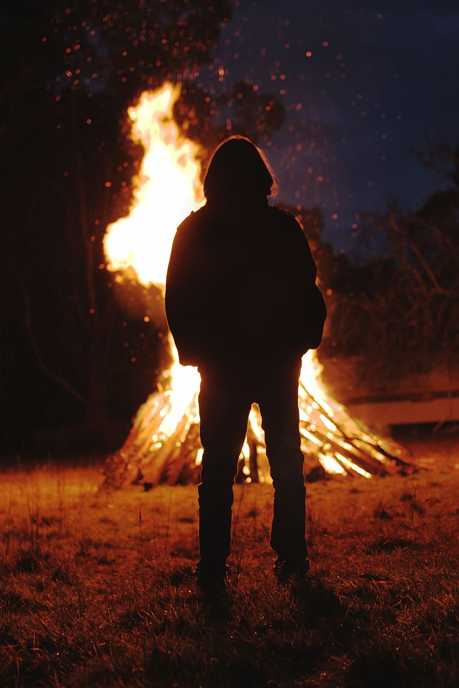 silhouette, person, standing, front, bonfire, fire, flame, dark, orange, blaze
