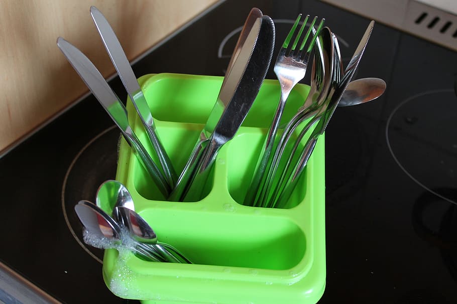 Cutlery, Basket, Washing Dishes, cutlery basket, knife, fork, spoon, kitchen Utensil, domestic Kitchen, silverware