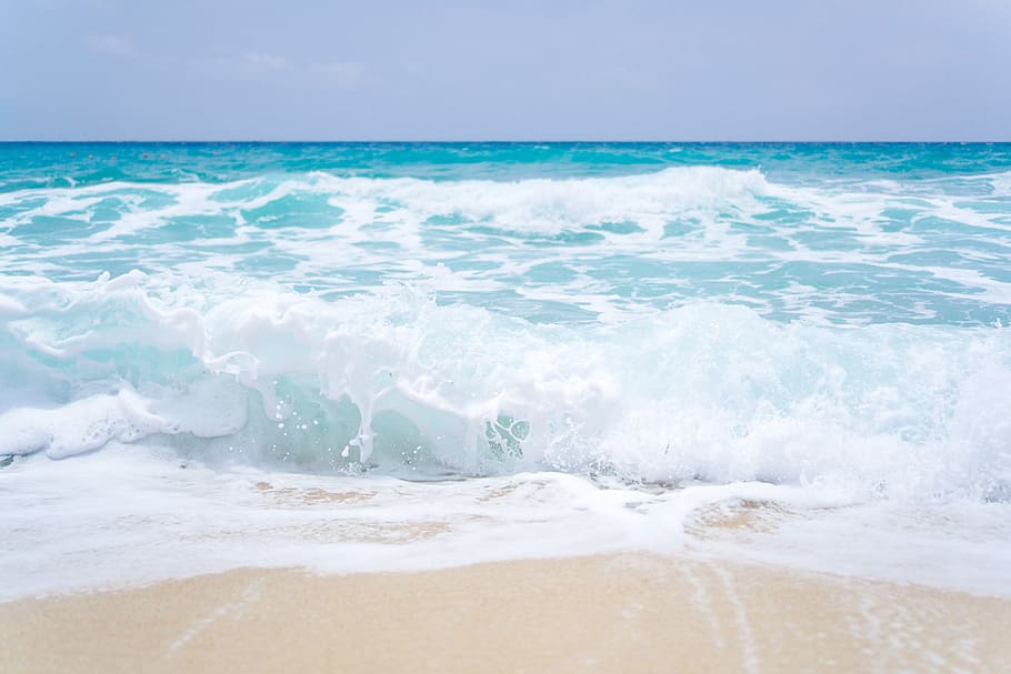 blue, ocean waves, sandy, beach, Blue ocean, sandy beach, nature, coast, holidays, landscape