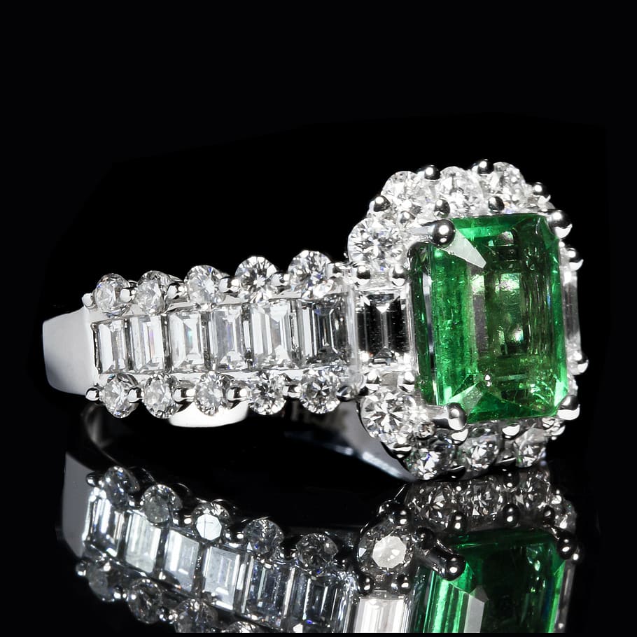 silver-colored, clear, green, gemstone ring, dark, room, emerald, ring, luxury, diamond