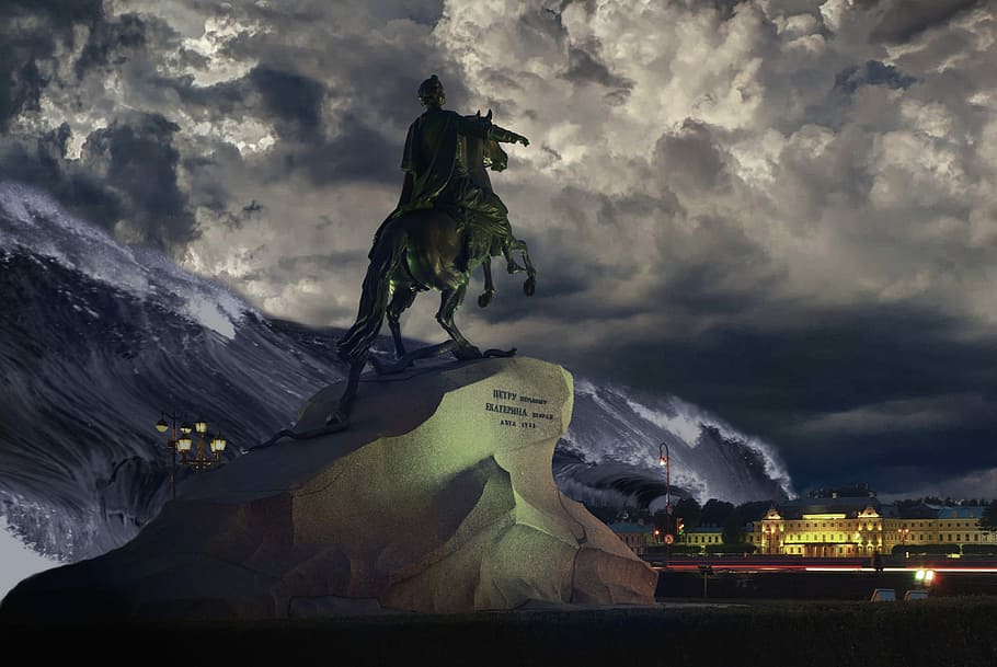 St Petersburg Russia, Bronze Horseman, peter the great, fantasy, statue, cloud - sky, mountain, dusk, snow, outdoors