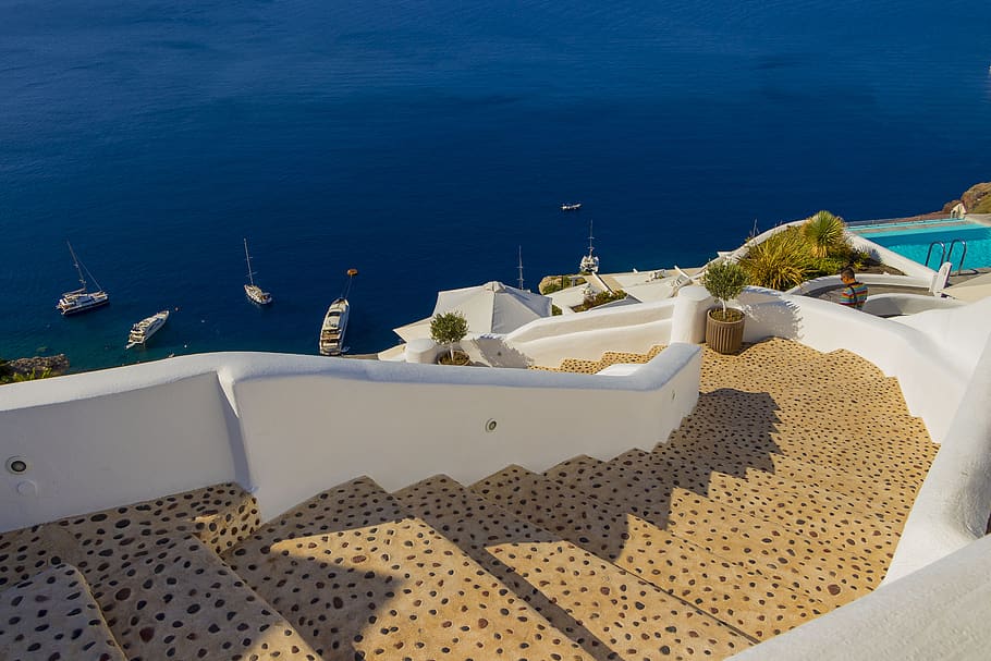 Santorini, Grecia, increíble, vista, pasos, escaleras, azul, agua, océano, mar